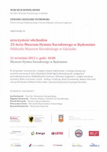 Zaproszenie na uroczystość obchodów 35-lecia Muzeum Hymnu Narodowego w Będominie